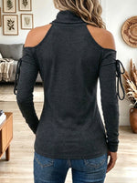 Women's Dark Grey Turtleneck Cold Shoulder Long Sleeve Top with Arm Ties