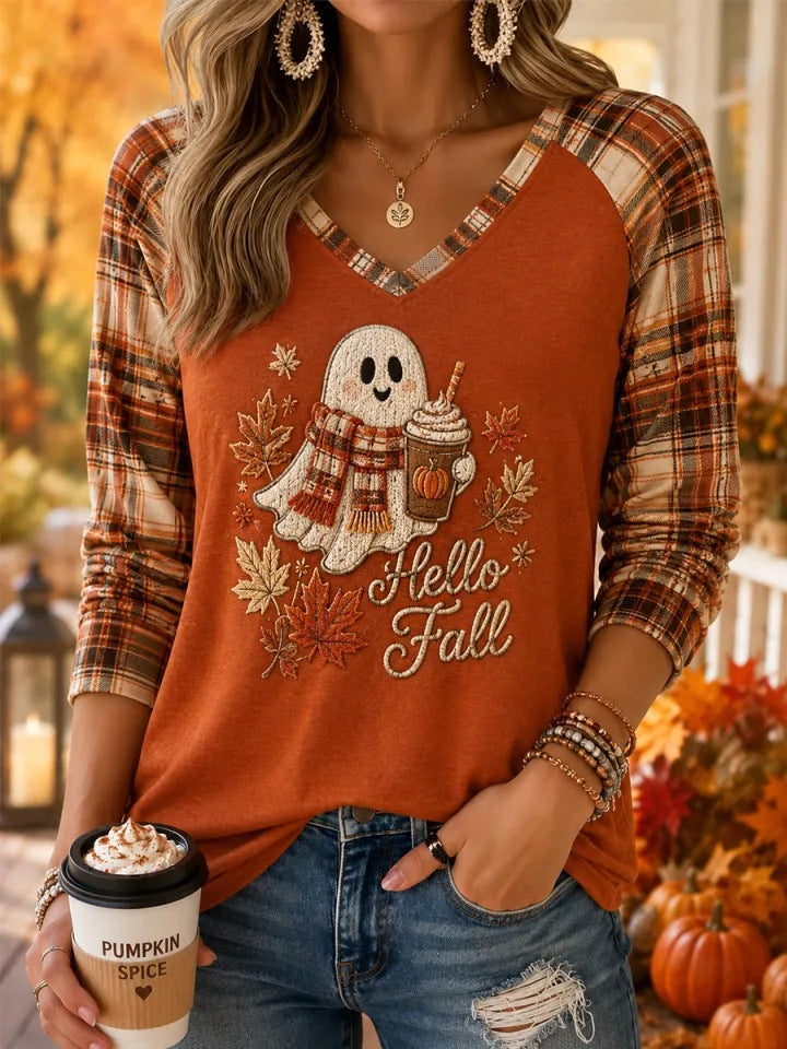 Women Hello Fall Ghost Pumpkin Spice Plaid Raglan Long Sleeve V‑Neck T‑Shirt