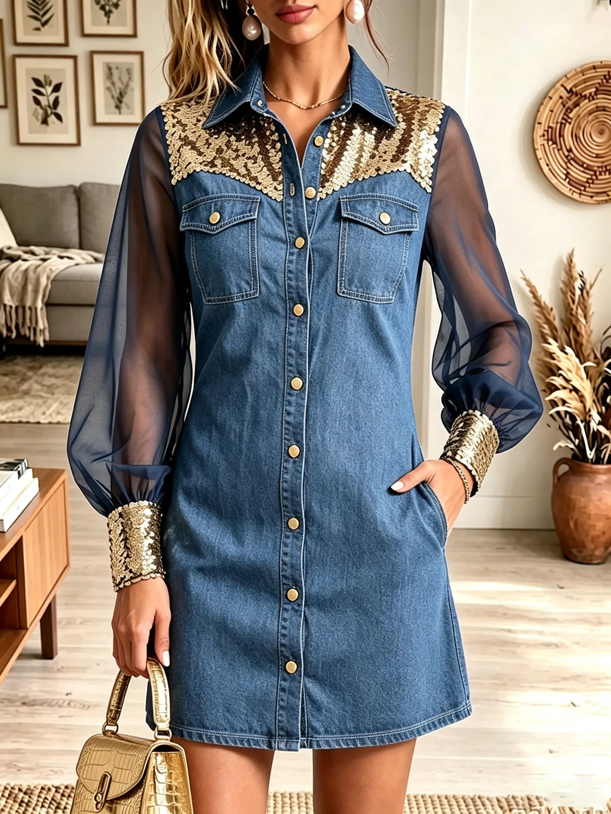 Women's Sequin Patchwork Sheer Sleeve Denim Dress
