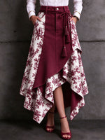 Women Burgundy Floral Print Patchwork Asymmetrical Midi Skirt