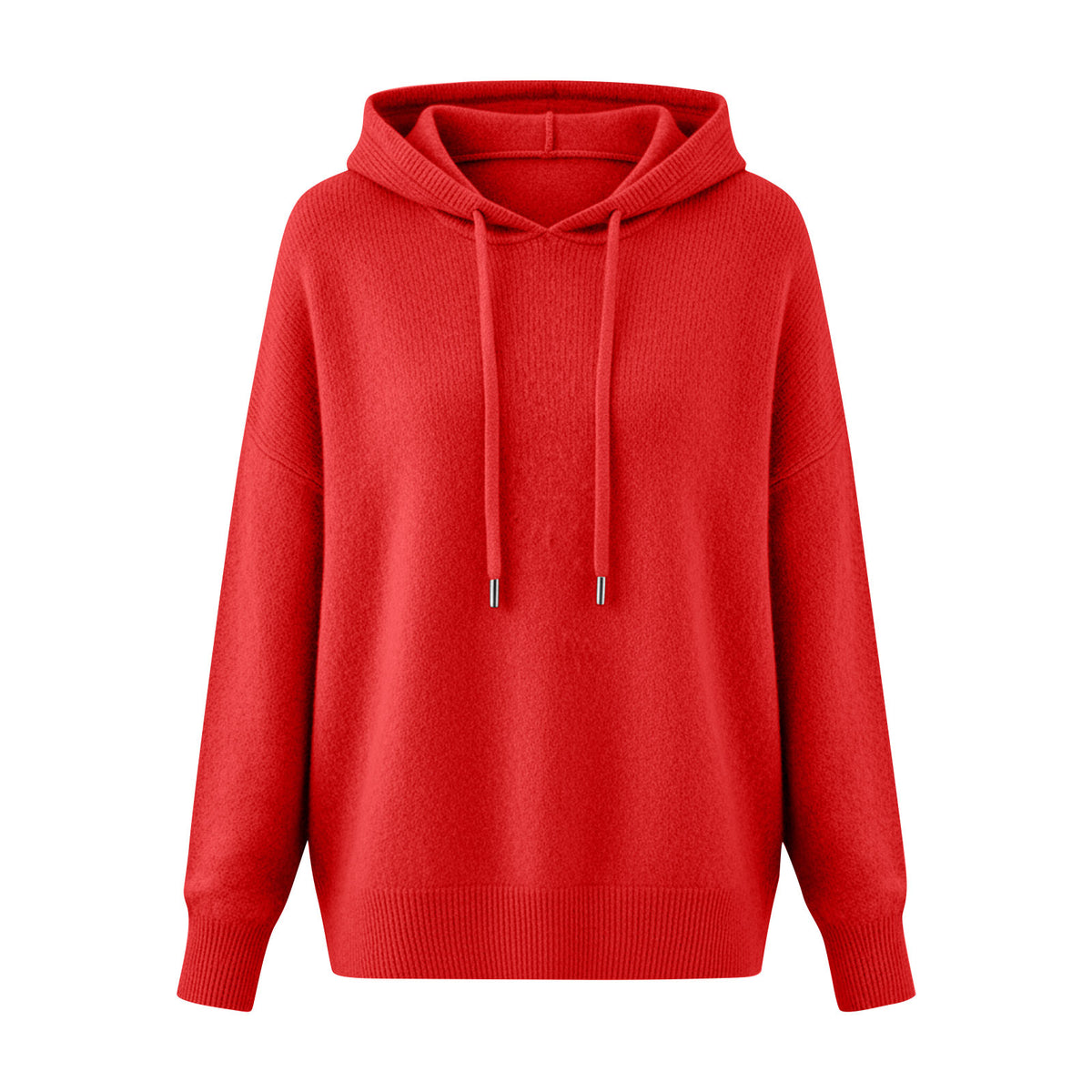 Women Solid Color Drawstring Hooded Knit Pullover Sweater