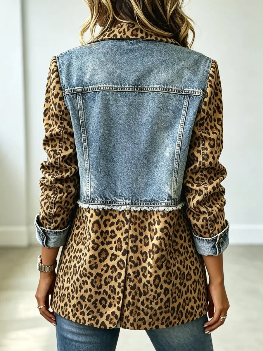 Retro Leopard Long Sleeve Lapel Casual Stylish Denim Patchwork Suit Coat