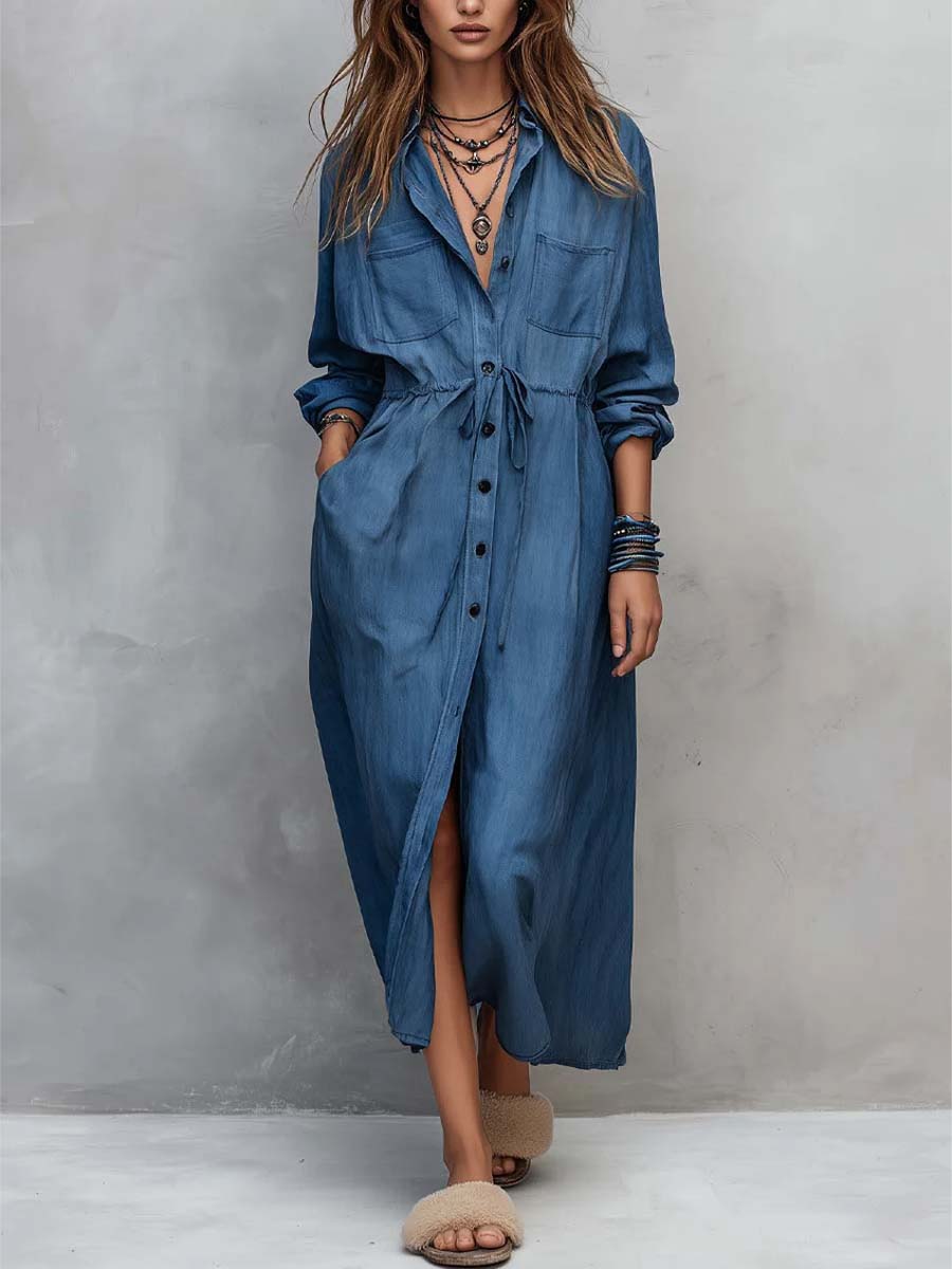 Retro Lapel Art Button Casual Long Sleeve Stylish Long Dress