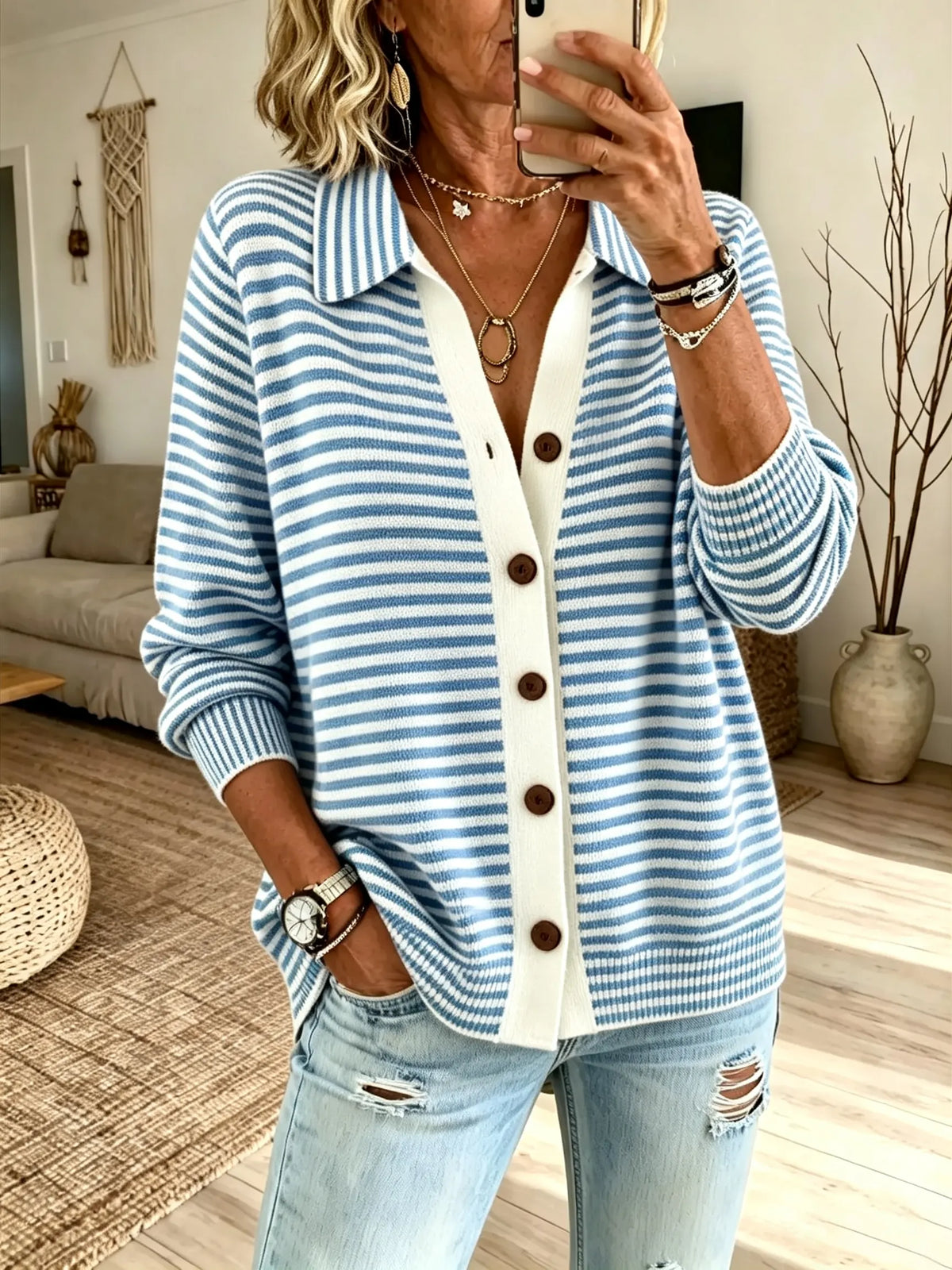 Women Green White Horizontal Stripe Collared Single Breasted Loose Knit Cardigan