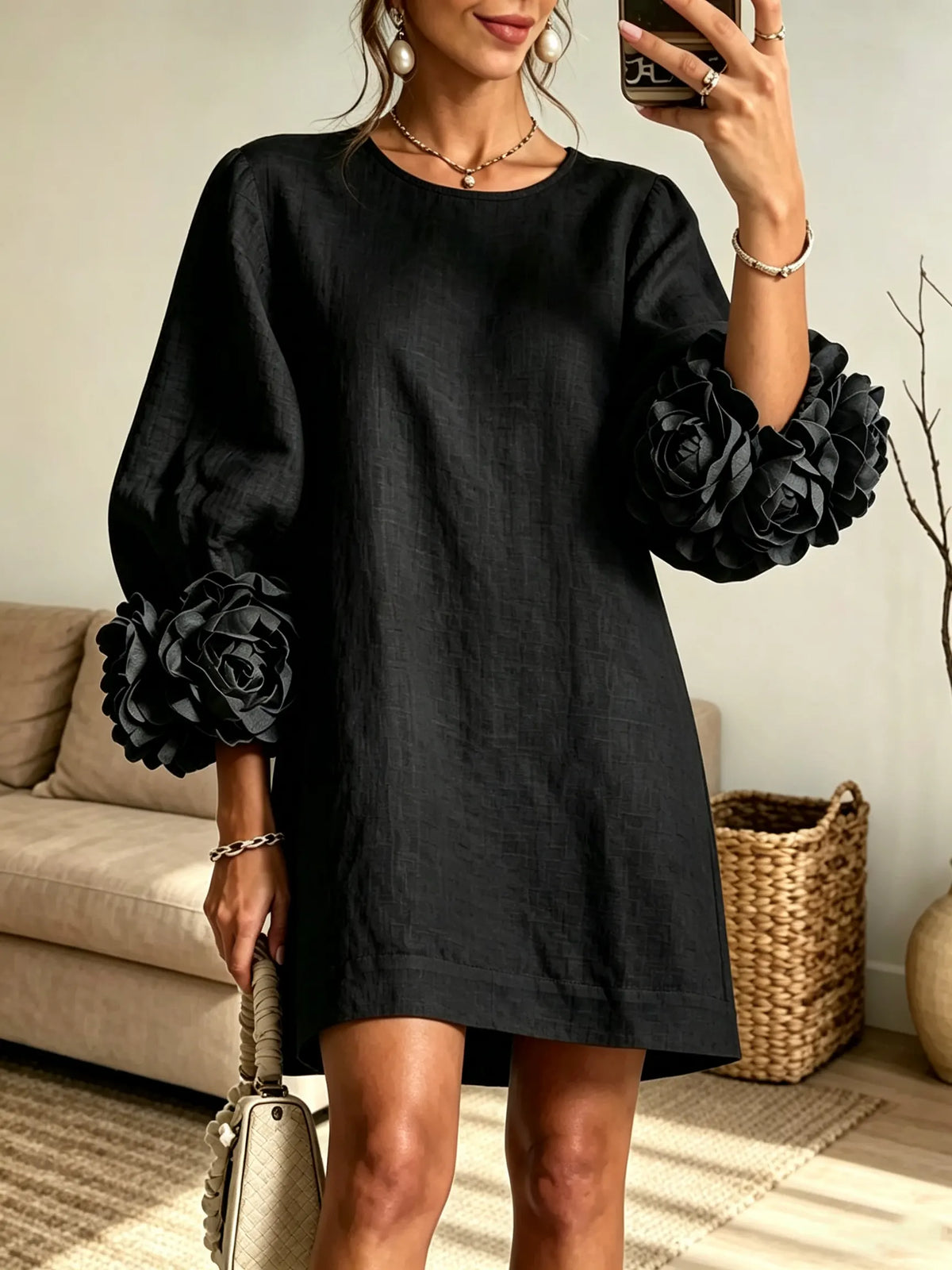 Women's 3D Floral Sleeve Linen Shift Dress