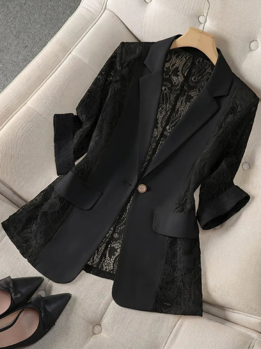 Retro Elegant Solid Color Lace Patchwork Art Casual Stylish Blazer Coat