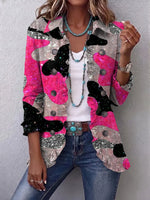 Retro Shiny Pink Pattern Art Print Ruffle Casual Stylish Cotton Lapel Coat