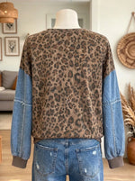 Women's Denim Bow Leopard Drop-Shoulder Sweatshirt