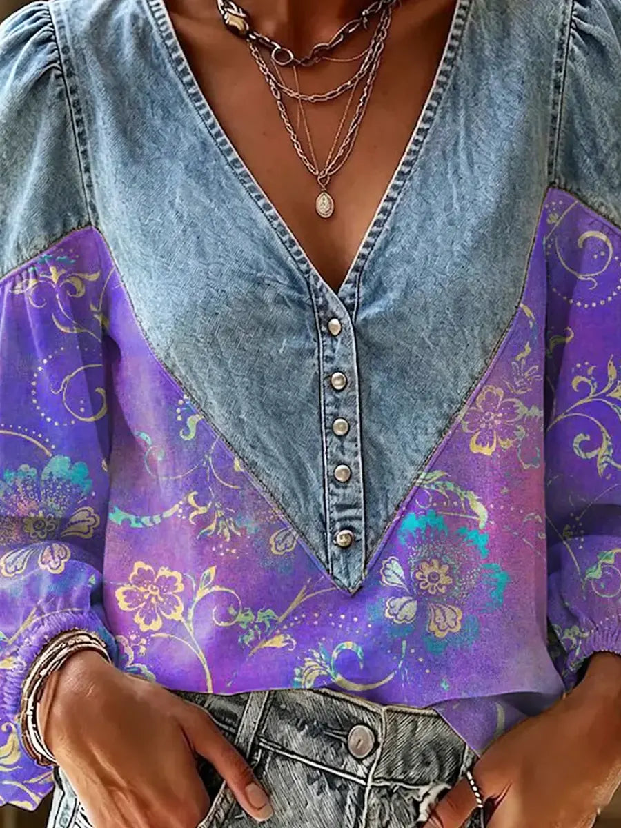Retro Floral Pattern Art Print Casual Stylish Denim Patchwork Long Sleeve Shirt