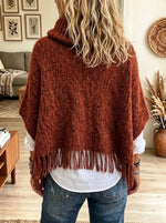 Women's Cowl Neck Fringe Trim Knit Poncho Sweater