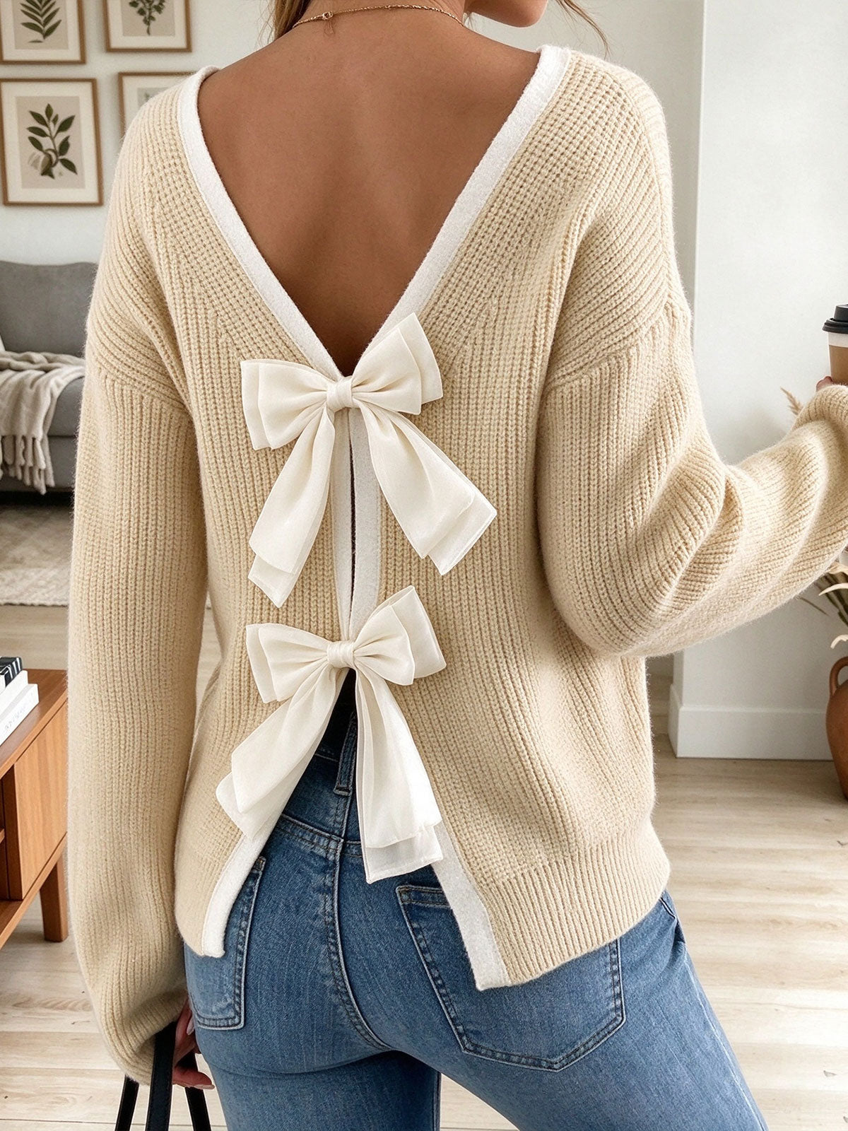 Women's Beige Knit Sweater with Open Back V-Neck and Dual Chiffon Bows