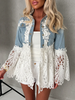 Vintage Elegant Denim Patchwork Hollowed Out Lace Jacket