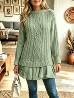 Women Cable‑Knit Mock Neck Chiffon Ruffle Hem Layered Sweater Tunic