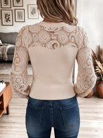 Women's Beige Ribbed Knit Top with Sheer Floral Crochet Lace Yoke and Sleeves