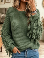 Women's Chunky Knit Fringe Sleeve Pullover Sweater