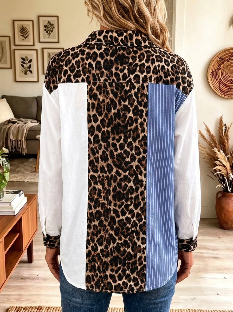 Women's Mixed Stripe Leopard Colorblock Button Shirt