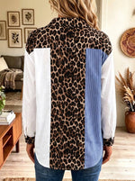 Women's Mixed Stripe Leopard Colorblock Button Shirt