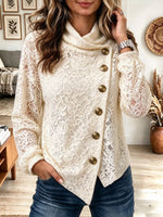 Women's Off-White Floral Lace Asymmetric Button Down Turtleneck Long Sleeve Top