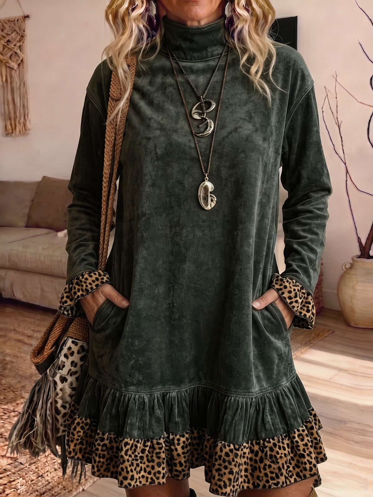 Teal Velvet Leopard Contrast Ruffle Hem Tunic Dress With Pockets