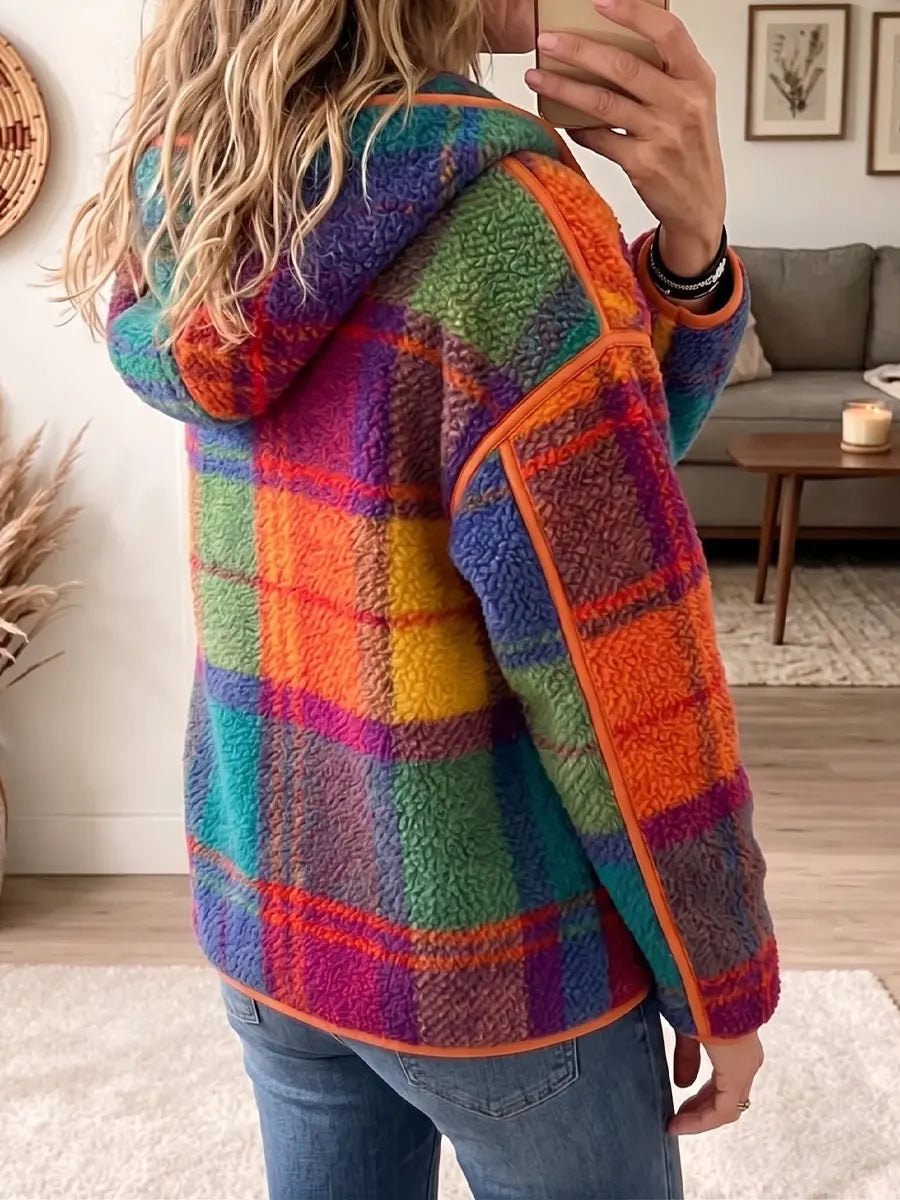 Vintage Elegant Fleece Patchwork Plaid Hood Jacket