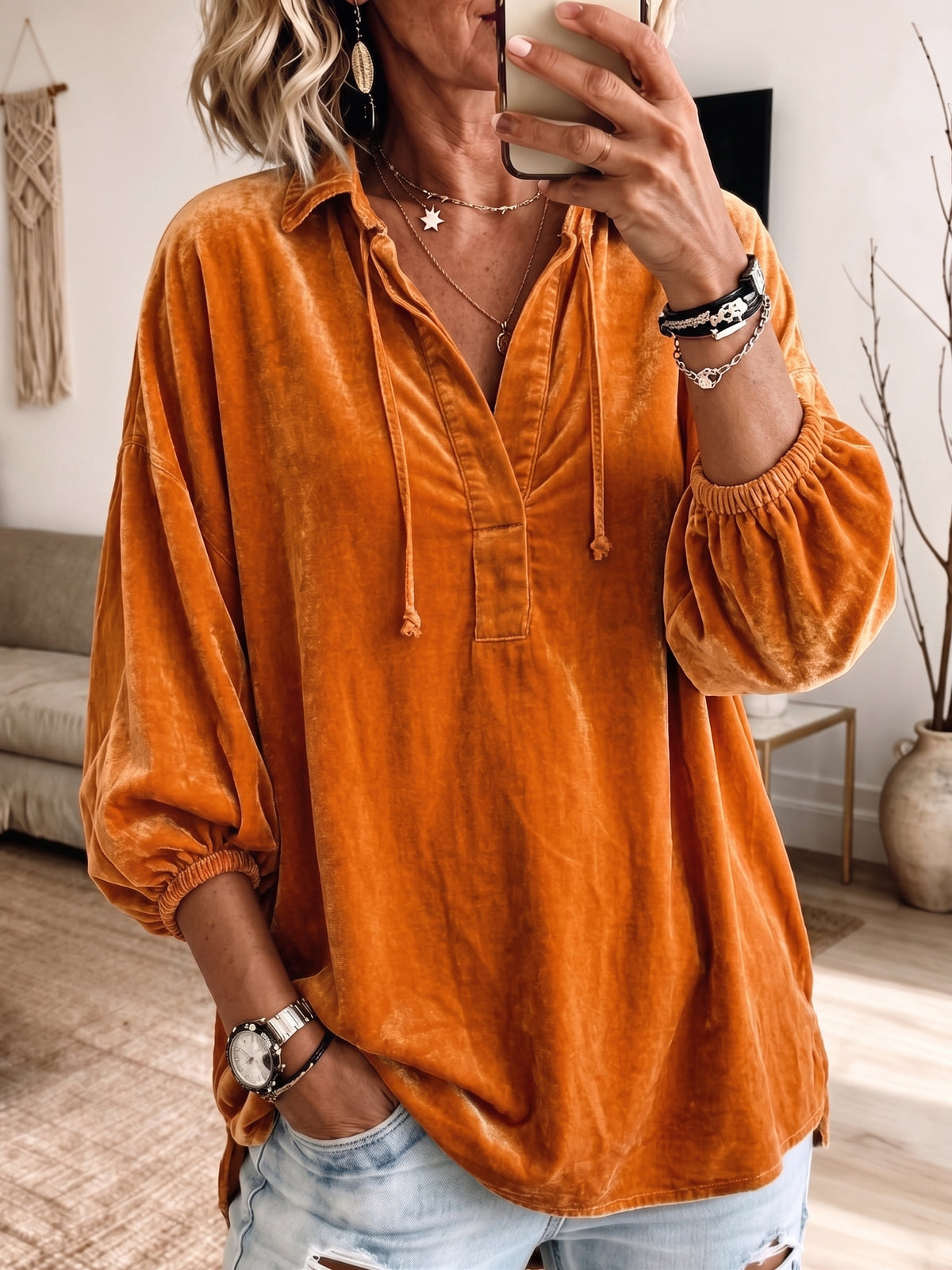 Rust Velvet Drawstring V‑Neck Balloon Sleeve Blouse