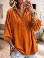Rust Velvet Drawstring V‑Neck Balloon Sleeve Blouse