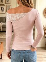 Women's Lace Trim Asymmetrical Ribbed Top