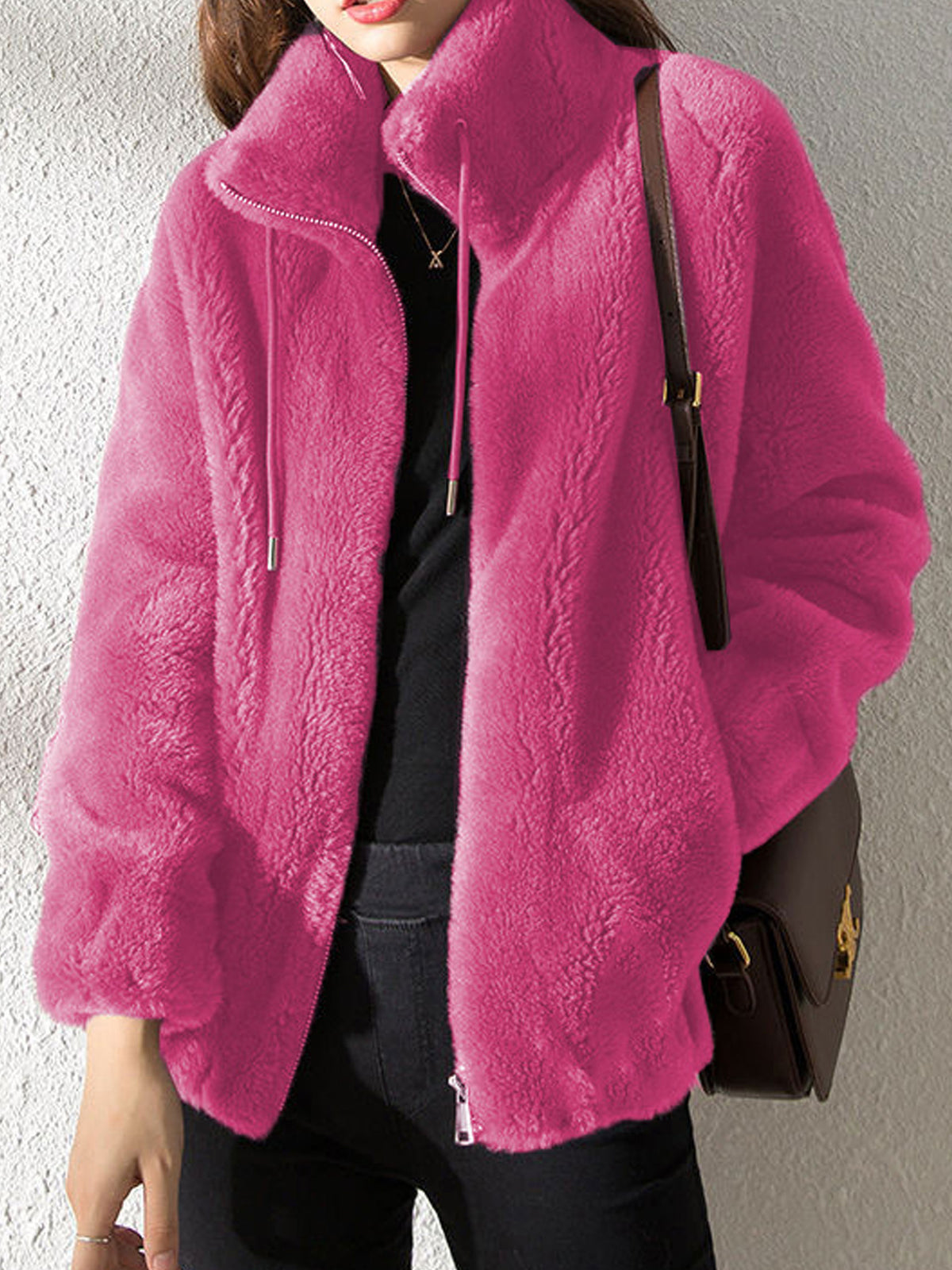 Women Fuzzy Fleece Zip‑Up Stand Collar Jacket, Casual Drawstring Plush Outerwear