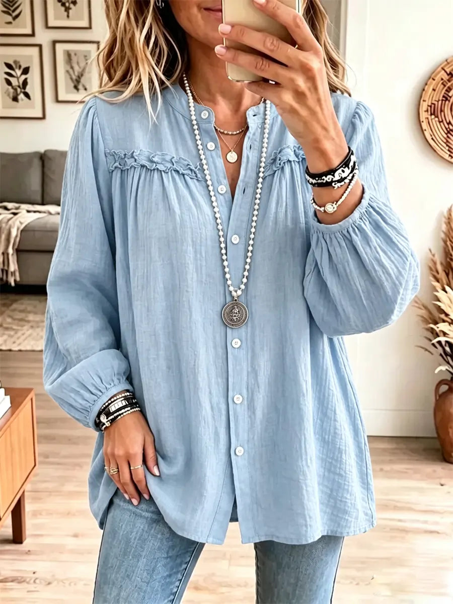 Retro Solid Color Art Casual Ruffle Stylish Long Sleeve Cotton Linen Shirt