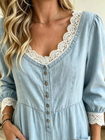 Women's Lace Detail Tiered Wide-Leg Denim Jumpsuit
