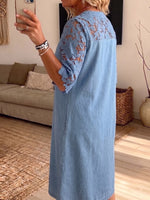 Vintage Elegant Denim Patchwork Hollowed Out Lace Dress