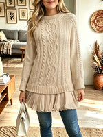 Women Cable‑Knit Mock Neck Chiffon Ruffle Hem Layered Sweater Tunic
