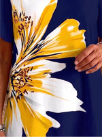 Womens V Neck Large Floral Print Short Sleeve Casual Tunic Top