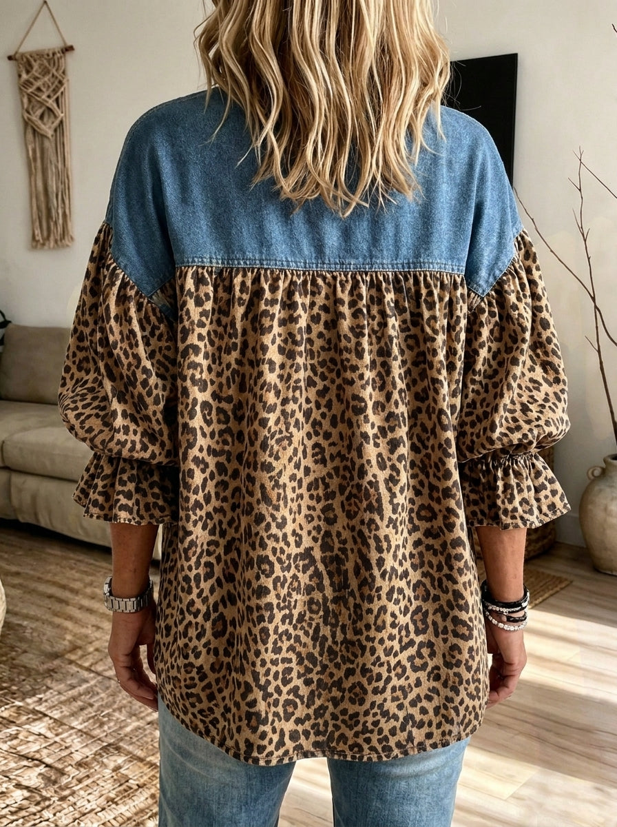 Women Denim Leopard Patchwork Ruffle Collar Puff Sleeve Loose Blouse