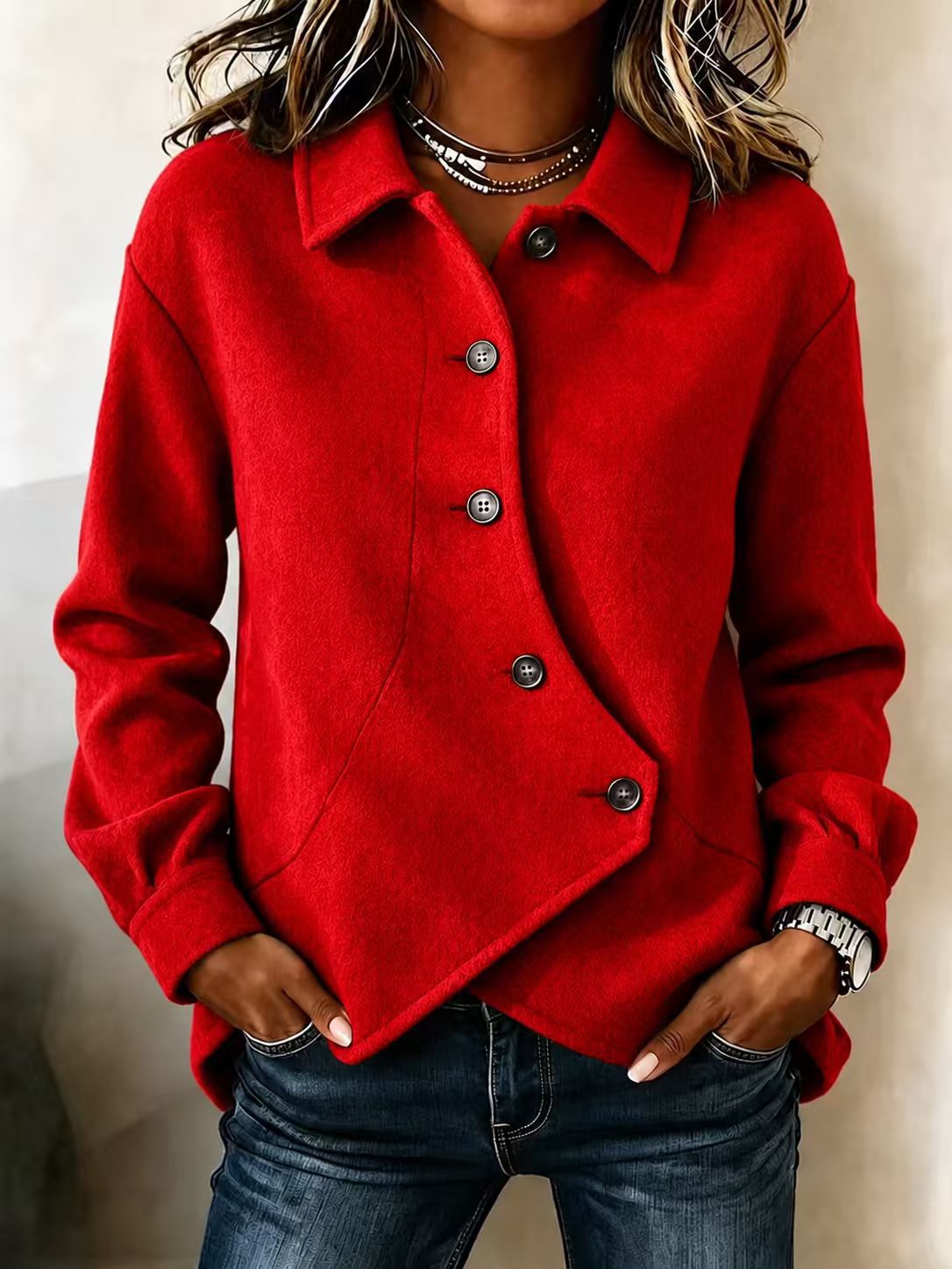 Women Camel Asymmetric Button Lapel Soft Wool Blend Jacket