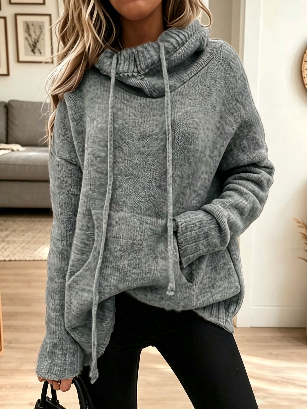 Women Cowl Neck Drawstring Pocket Oversized Knit Pullover