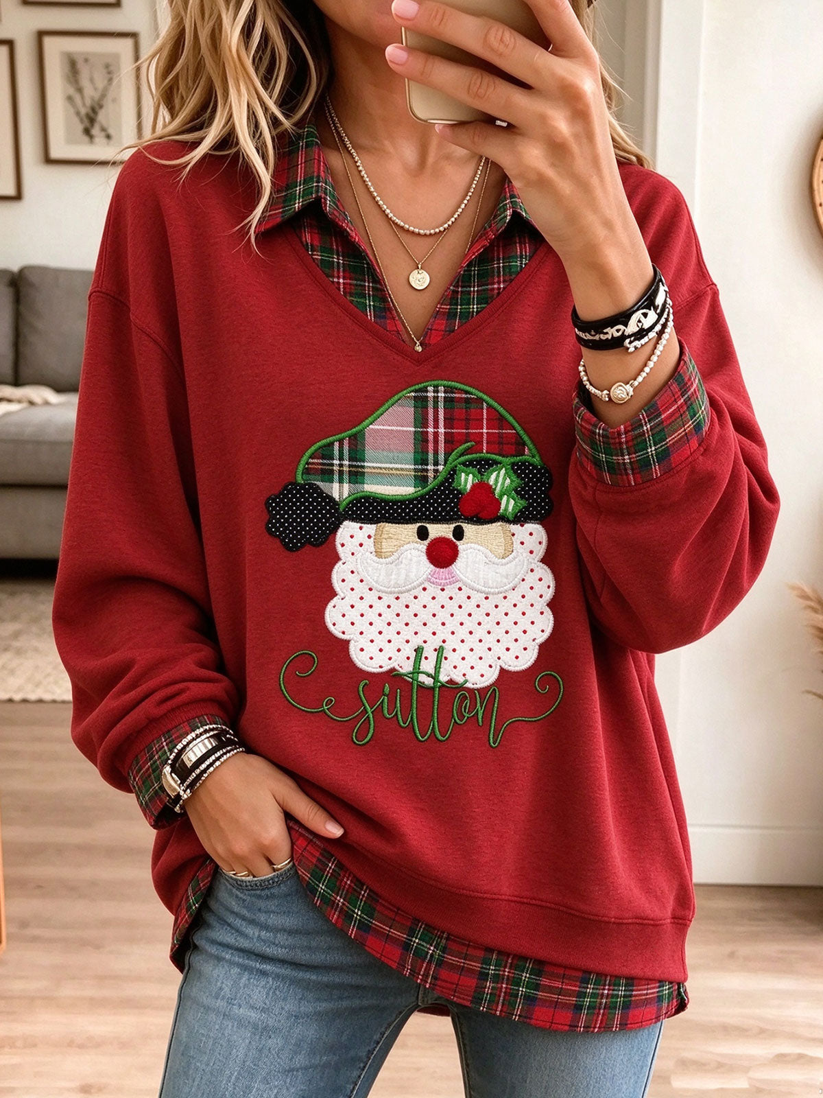 Women Santa Applique Plaid Fake Two Piece Christmas Sweatshirt