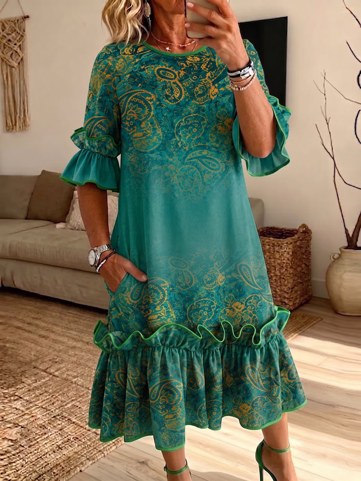 Women Paisley Gradient Ruffle Midi Dress Loose Flounce Sleeve Dress With Pockets