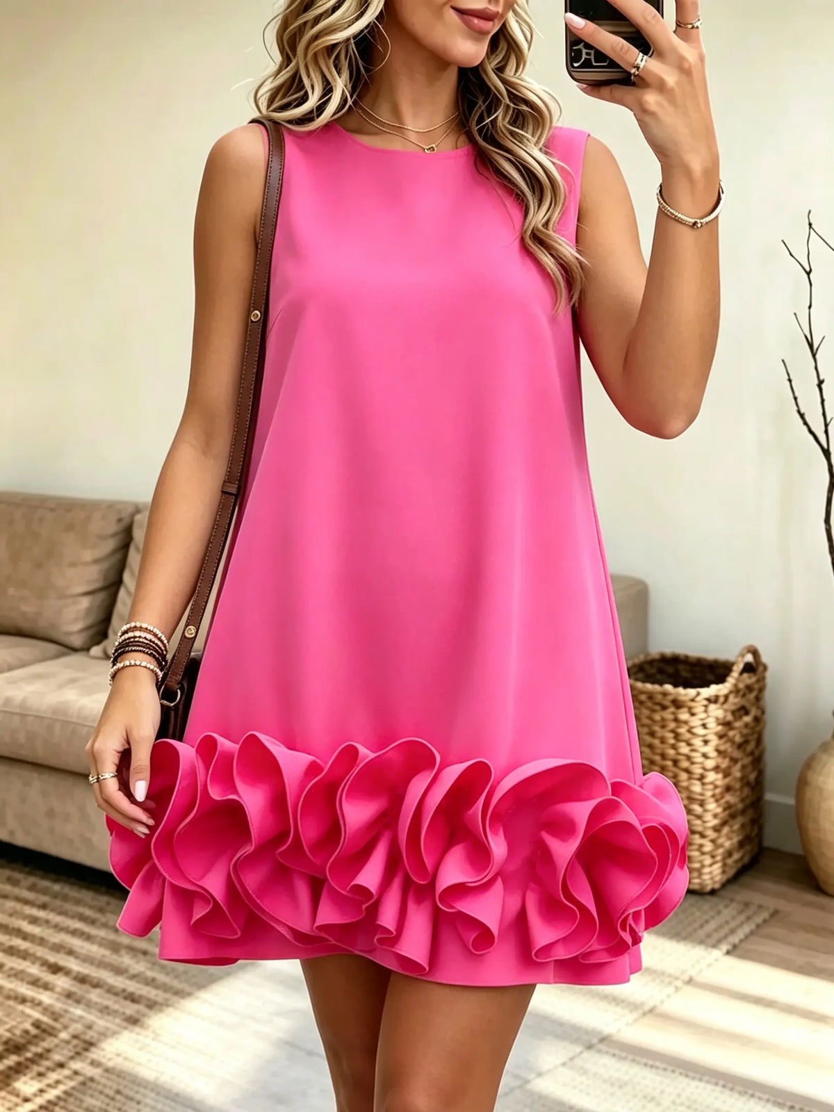 Women's 3D Ruffle Hem Sleeveless Mini Dress