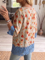 Vintage Elegant Pattern Print Patchwork Hollowed Out Lace Shirt
