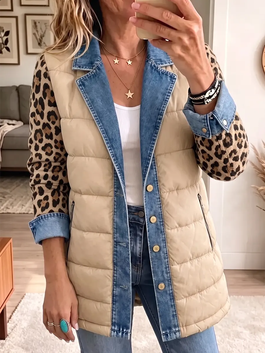 Vintage Elegant Leopard Print Denim Patchwork Quilted Winter Jacket