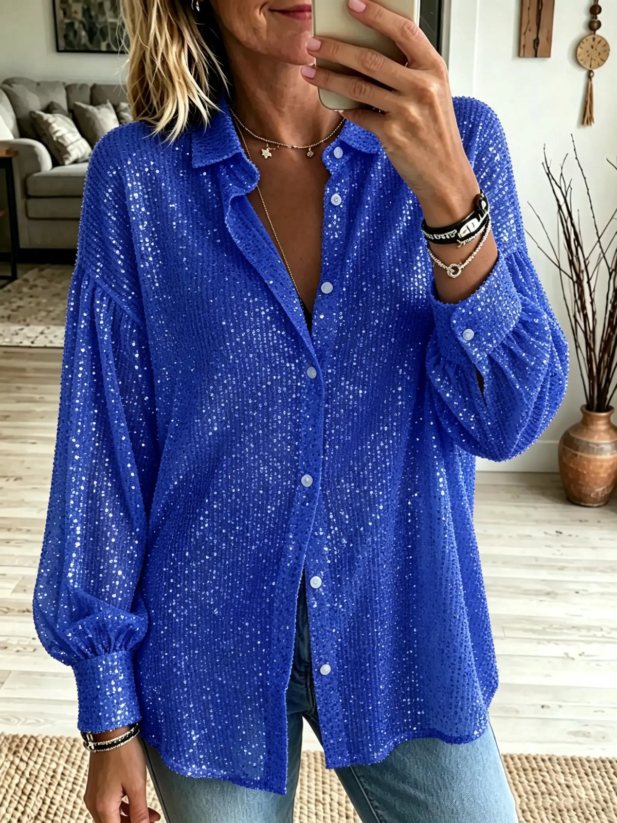 Women's Sequin Oversized Button-Down Shirt