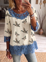 Vintage Elegant Pattern Print Patchwork Hollowed Out Lace Shirt
