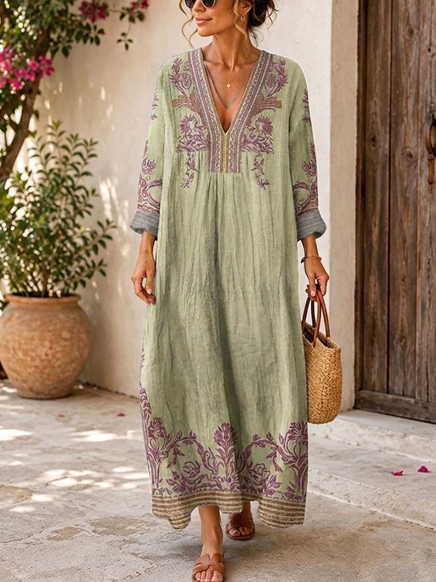 Retro Ethnic Floral Pattern Art Print Casual V-neck Cotton Linen Maxi Dress