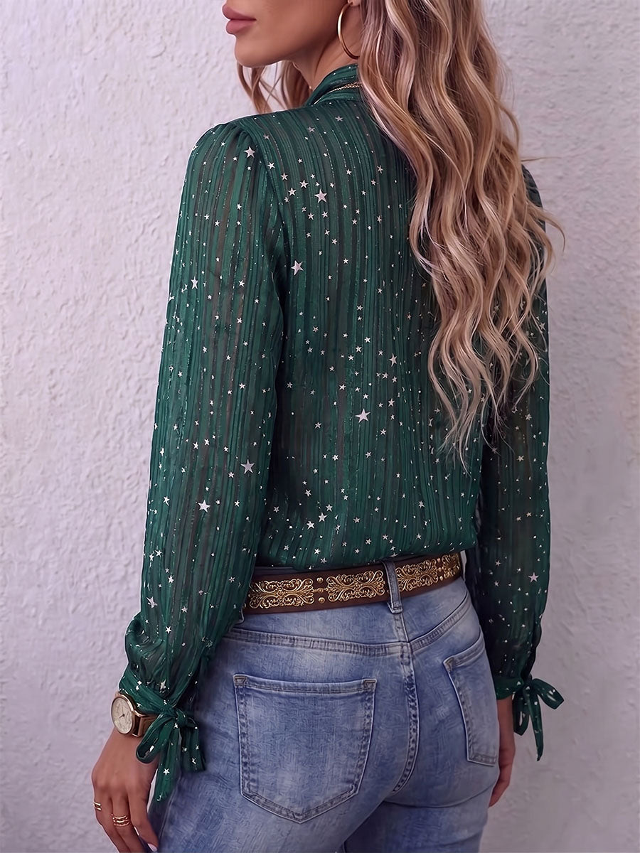 Vintage Elegant Shimmering Chiffon Patchwork Tie Bow Shirt