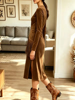 Retro Western Fringe Patchwork Art Casual Stylish Long Sleeve Midi Dress