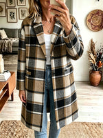 Women Plaid Notched Lapel Mid‑Length Wool Blend Coat, Casual Button Down Oversized Outerwear