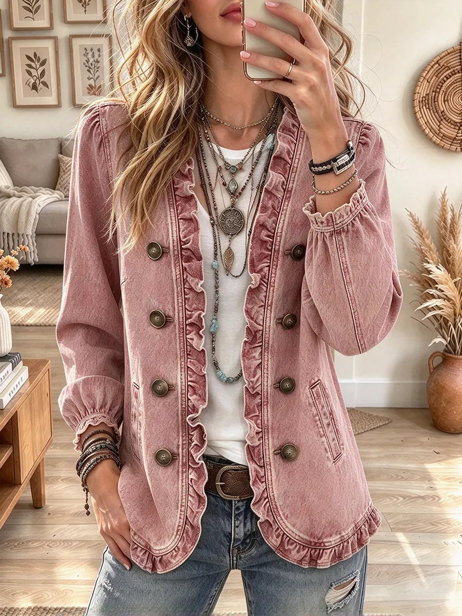 Women's Double-breasted Ruffled Denim Jacket
