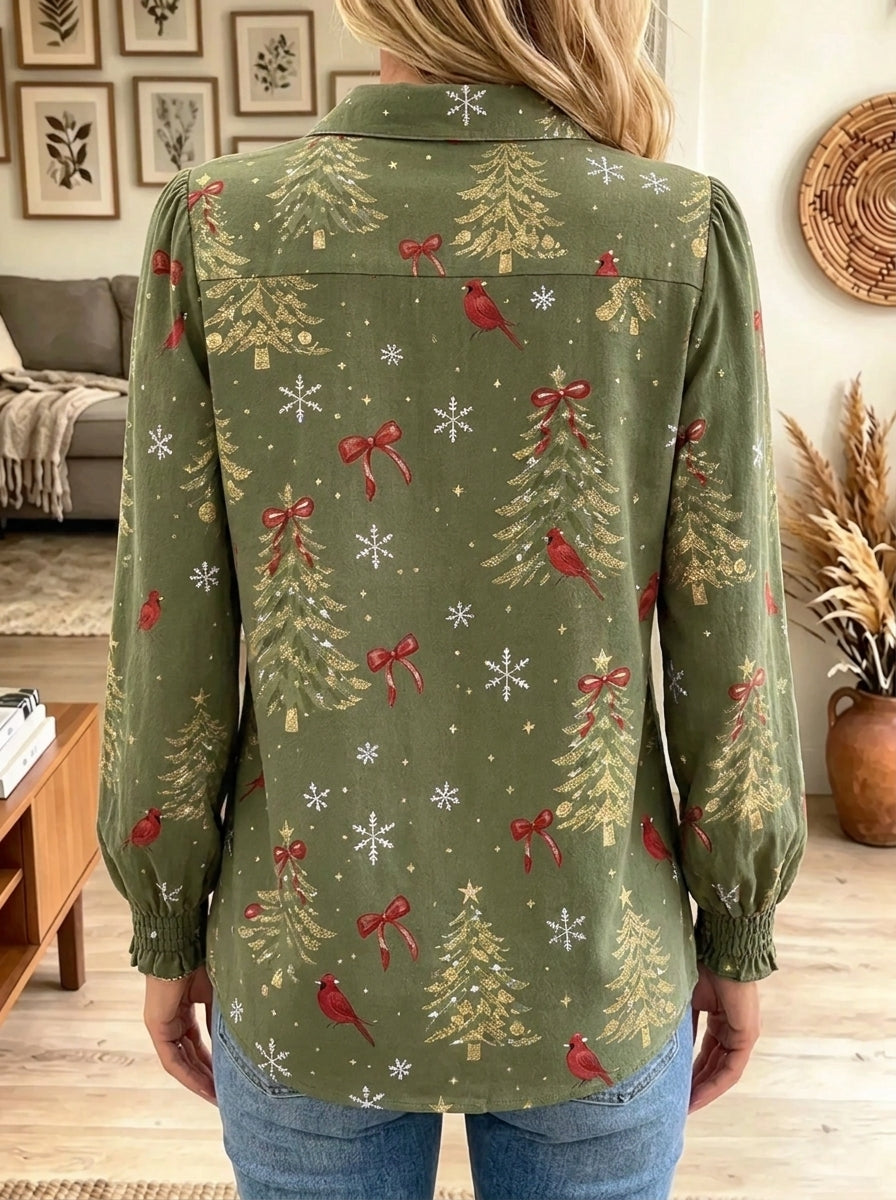 Women's Christmas Cardinal Tree Print Ruffle Shirt