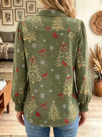 Women's Christmas Cardinal Tree Print Ruffle Shirt